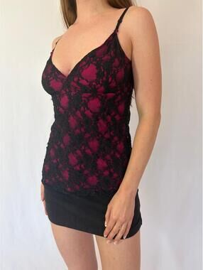 Red and Black lace Mesh Overlay Cache Cache Y2K Coquette Whimsigoth Cami